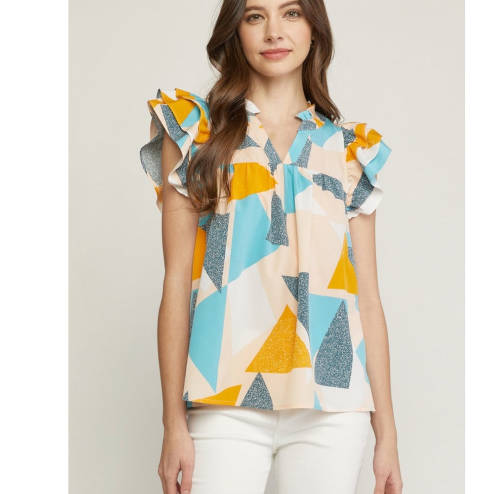 Entro Geometric Ruffle Sleeve Blouse
